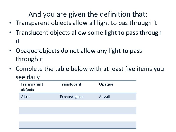 And you are given the definition that: • Transparent objects allow all light to