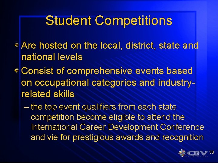 Student Competitions Are hosted on the local, district, state and national levels Consist of