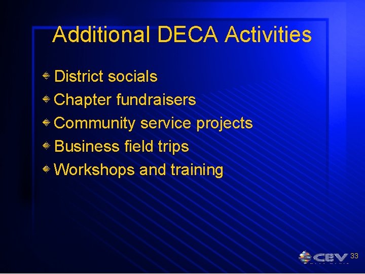 Additional DECA Activities District socials Chapter fundraisers Community service projects Business field trips Workshops