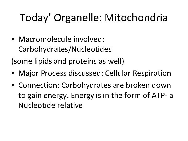 Today’ Organelle: Mitochondria • Macromolecule involved: Carbohydrates/Nucleotides (some lipids and proteins as well) •