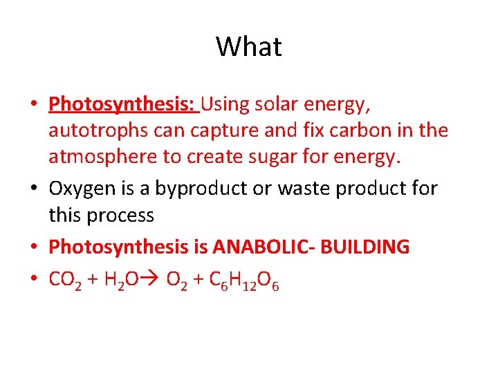 What • Photosynthesis: Using solar energy, autotrophs can capture and fix carbon in the