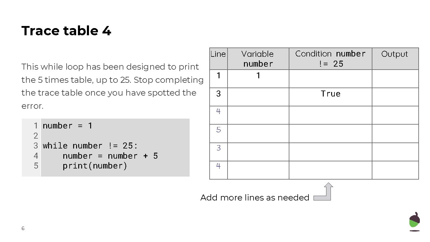 Trace table 4 Line This while loop has been designed to print the 5 Trace table 4 Line This while loop has been designed to print the 5