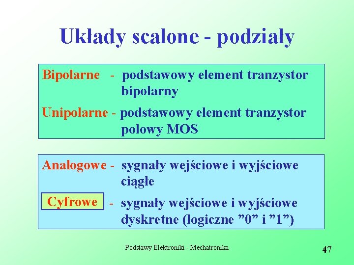 Układy scalone - podziały Bipolarne - podstawowy element tranzystor bipolarny Unipolarne - podstawowy element