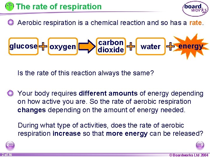 The rate of respiration Aerobic respiration is a chemical reaction and so has a