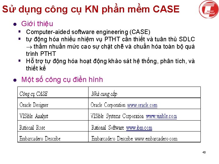 Sử dụng công cụ KN phần mềm CASE l Giới thiệu § Computer-aided software