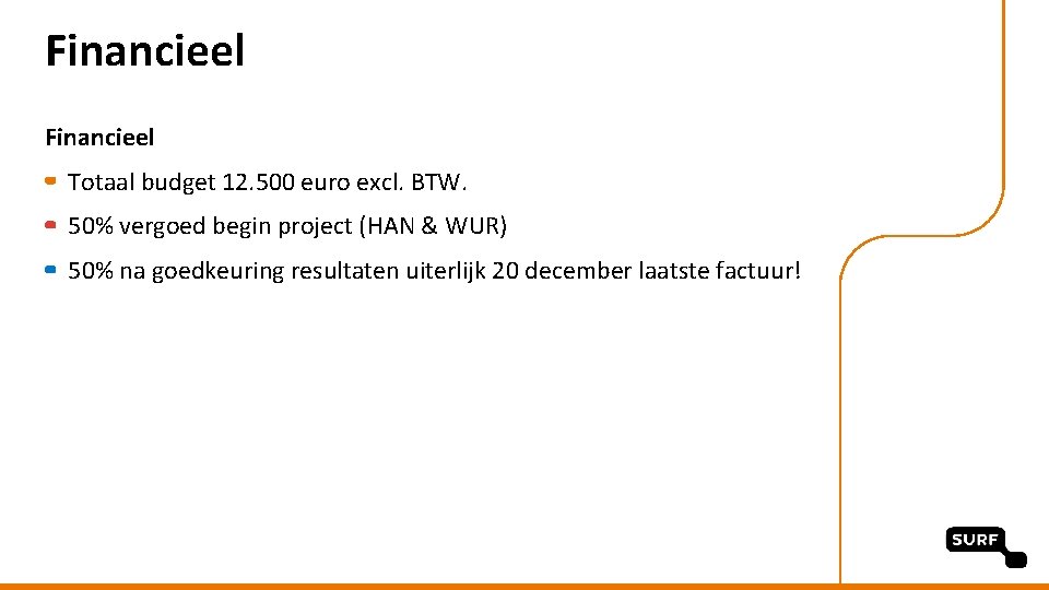 Financieel Totaal budget 12. 500 euro excl. BTW. 50% vergoed begin project (HAN &