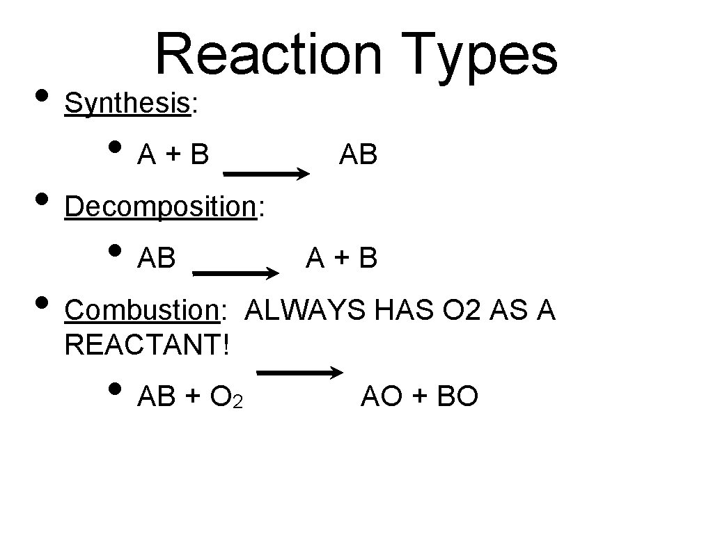 Reaction Types • Synthesis: • A+B AB • Decomposition: • AB A+B • Combustion: