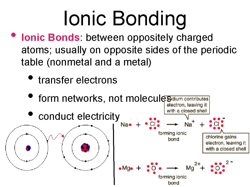 Ionic Bonding • Ionic Bonds: between oppositely charged atoms; usually on opposite sides of
