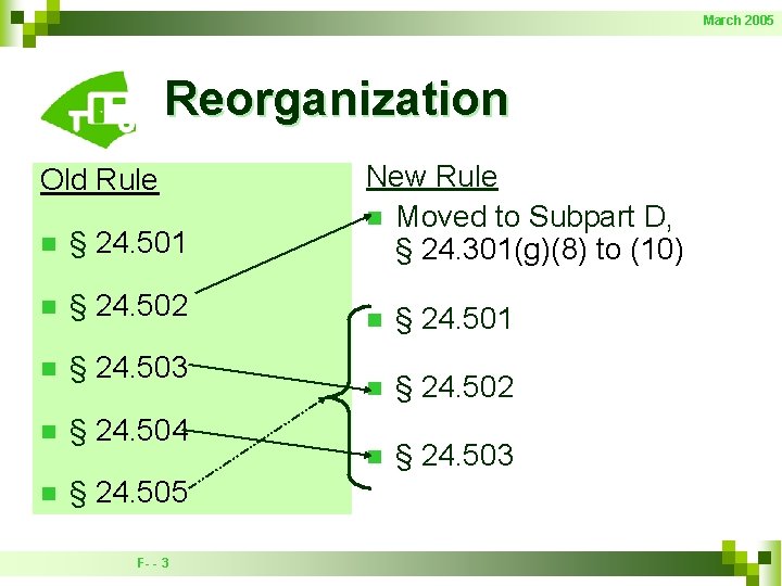 March 2005 Reorganization n § 24. 501 New Rule n Moved to Subpart D,