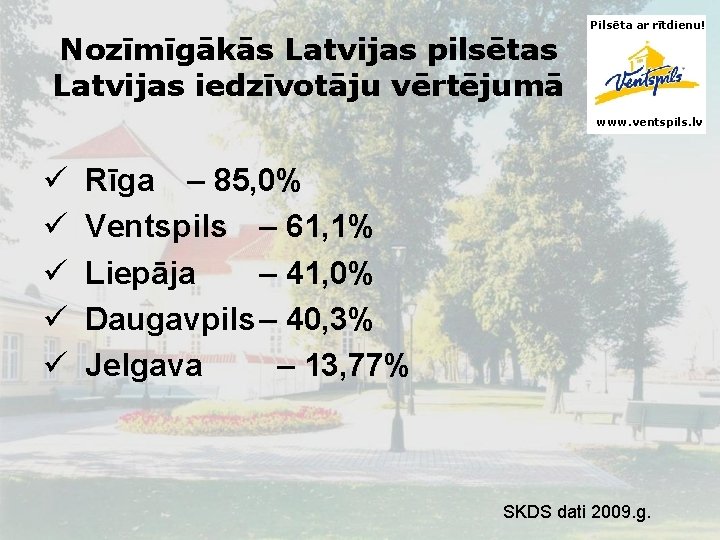 Nozīmīgākās Latvijas pilsētas Latvijas iedzīvotāju vērtējumā Pilsēta ar rītdienu! www. ventspils. lv ü ü