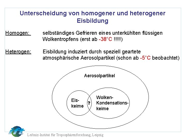 Unterscheidung von homogener und heterogener Eisbildung Homogen: selbständiges Gefrieren eines unterkühlten flüssigen Wolkentropfens (erst