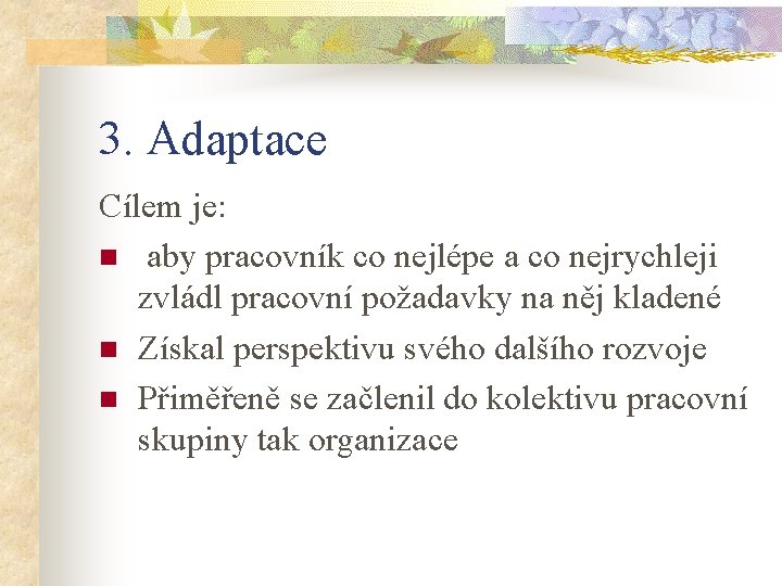 3. Adaptace Cílem je: n aby pracovník co nejlépe a co nejrychleji zvládl pracovní