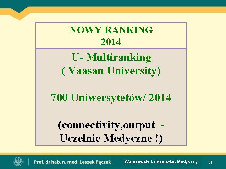 NOWY RANKING 2014 U- Multiranking ( Vaasan University) 700 Uniwersytetów/ 2014 (connectivity, output Uczelnie