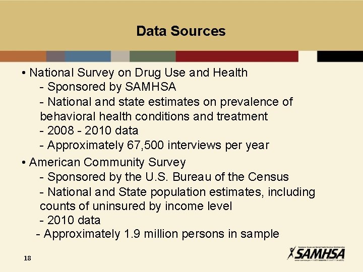 Data Sources • National Survey on Drug Use and Health - Sponsored by SAMHSA