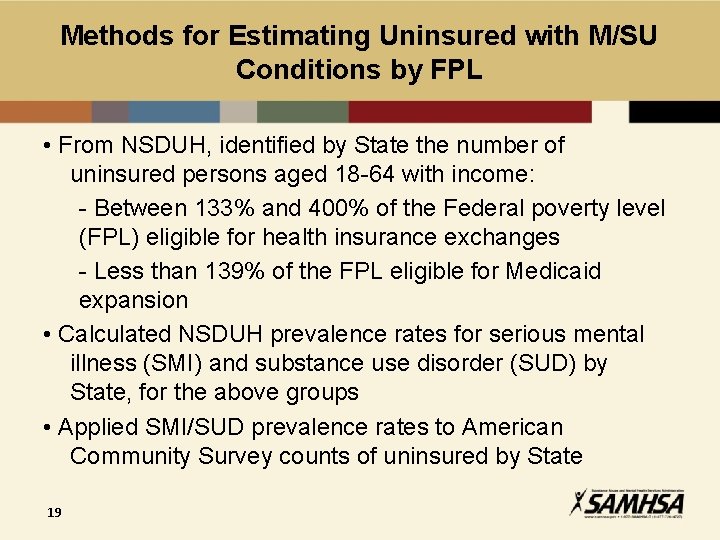 Methods for Estimating Uninsured with M/SU Conditions by FPL • From NSDUH, identified by