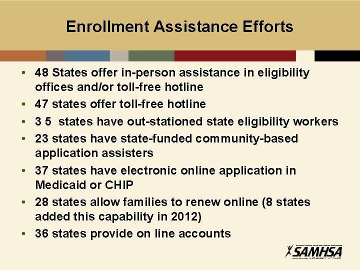 Enrollment Assistance Efforts • 48 States offer in-person assistance in eligibility offices and/or toll-free