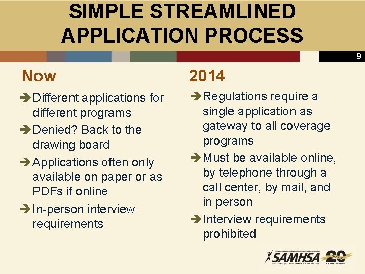 SIMPLE STREAMLINED APPLICATION PROCESS 9 Now 2014 è Different applications for different programs è
