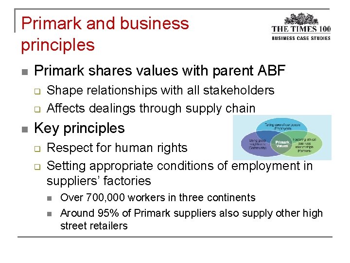 Primark and business principles n Primark shares values with parent ABF q q n
