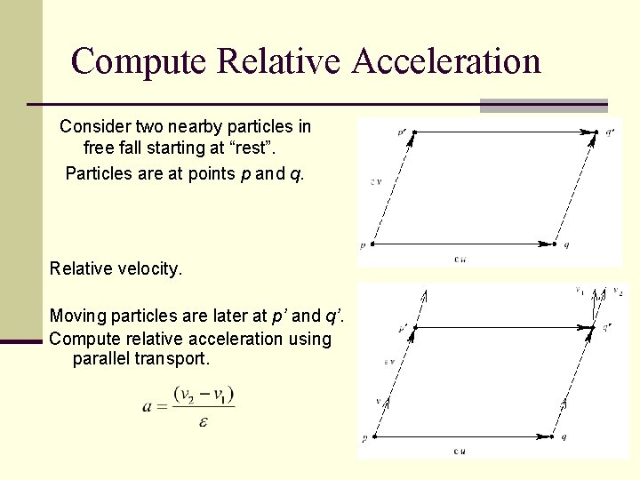 Compute Relative Acceleration Consider two nearby particles in free fall starting at “rest”. Particles