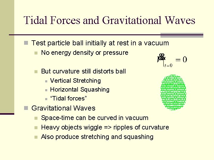 Tidal Forces and Gravitational Waves n Test particle ball initially at rest in a