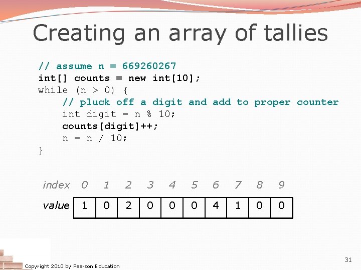 Creating an array of tallies // assume n = 669260267 int[] counts = new