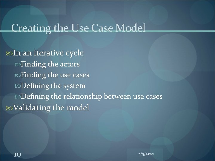 Creating the Use Case Model In an iterative cycle Finding the actors Finding the Creating the Use Case Model In an iterative cycle Finding the actors Finding the