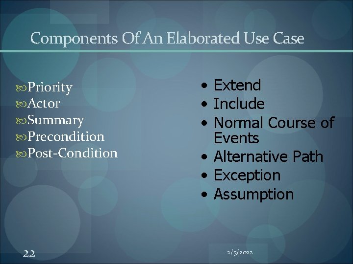 Components Of An Elaborated Use Case Priority Actor Summary Precondition Post-Condition 22 • Extend Components Of An Elaborated Use Case Priority Actor Summary Precondition Post-Condition 22 • Extend