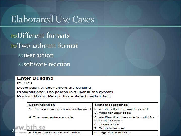 Elaborated Use Cases Different formats Two-column format user action software reaction 26 2/5/2022 Elaborated Use Cases Different formats Two-column format user action software reaction 26 2/5/2022