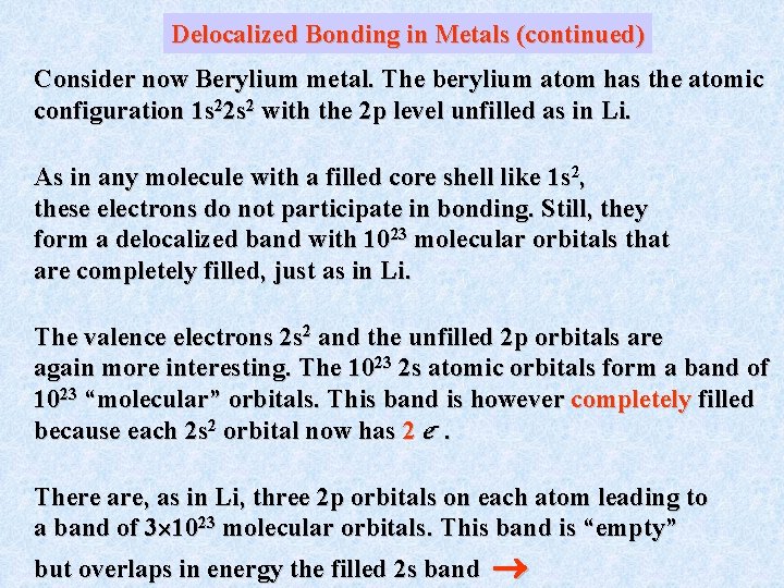 Delocalized Bonding in Metals (continued) Consider now Berylium metal. The berylium atom has the