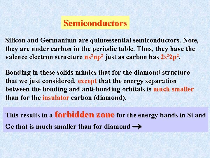 Semiconductors Silicon and Germanium are quintessential semiconductors. Note, they are under carbon in the