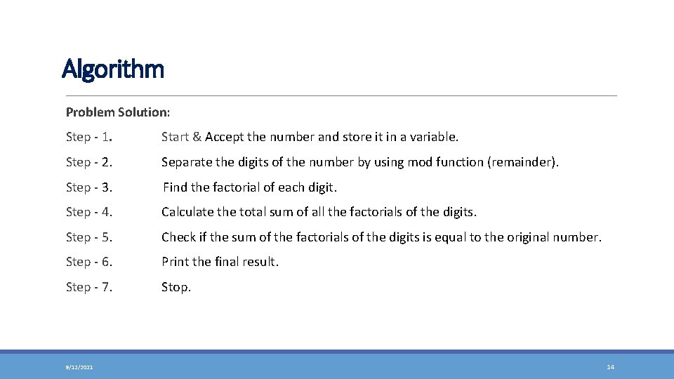 Algorithm Problem Solution: Step - 1. Start & Accept the number and store it