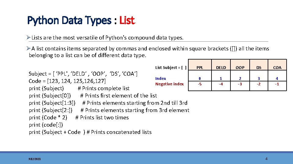 Python Data Types : List ØLists are the most versatile of Python's compound data