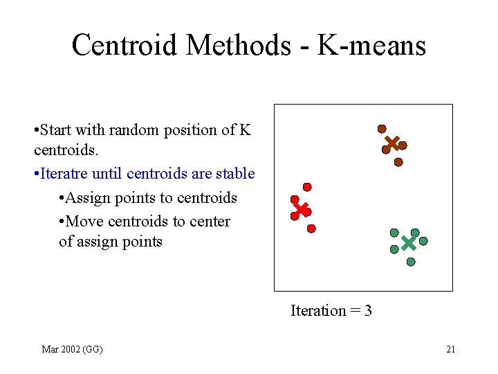 Centroid Methods - K-means • Start with random position of K centroids. • Iteratre