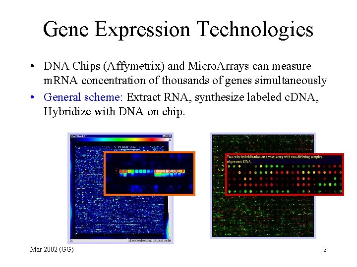 Gene Expression Technologies • DNA Chips (Affymetrix) and Micro. Arrays can measure m. RNA