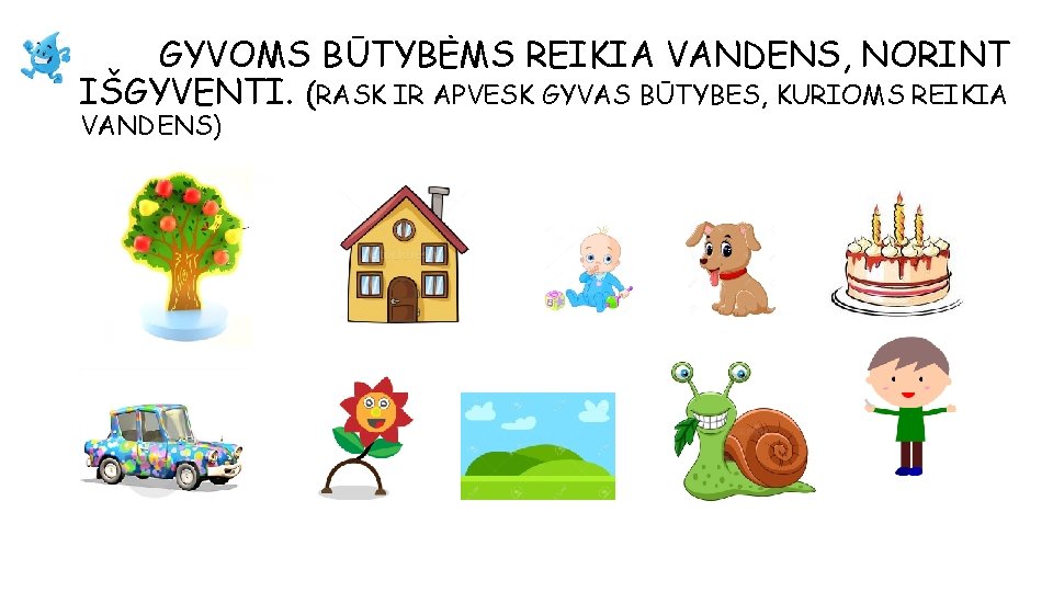 GYVOMS BŪTYBĖMS REIKIA VANDENS, NORINT IŠGYVENTI. (RASK IR APVESK GYVAS BŪTYBES, KURIOMS REIKIA VANDENS)