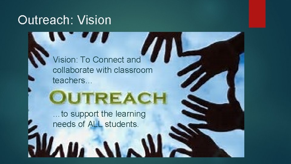 Outreach: Vision: To Connect and collaborate with classroom teachers… …to support the learning needs