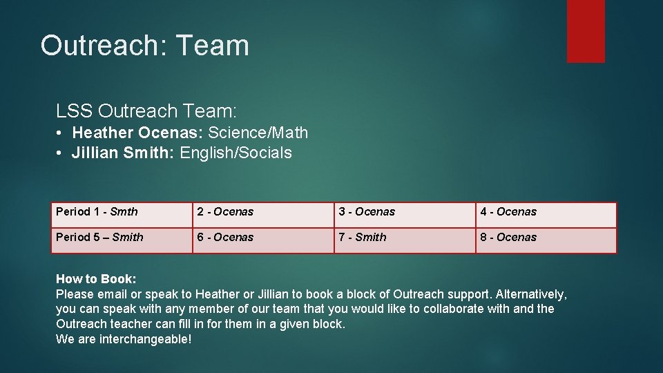 Outreach: Team LSS Outreach Team: • Heather Ocenas: Science/Math • Jillian Smith: English/Socials Period