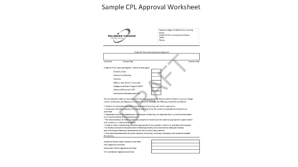 Sample CPL Approval Worksheet 
