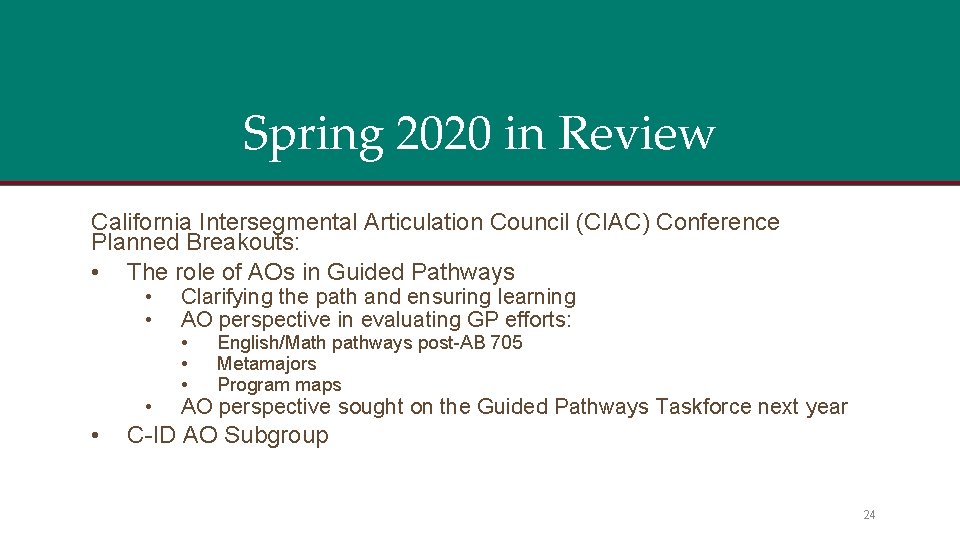 Spring 2020 in Review California Intersegmental Articulation Council (CIAC) Conference Planned Breakouts: • The