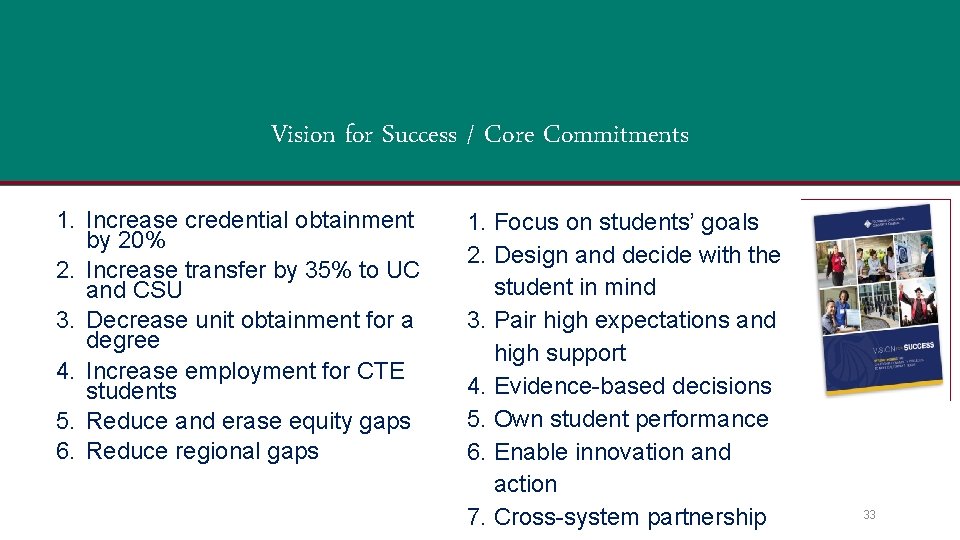 Vision for Success / Core Commitments 1. Increase credential obtainment by 20% 2. Increase