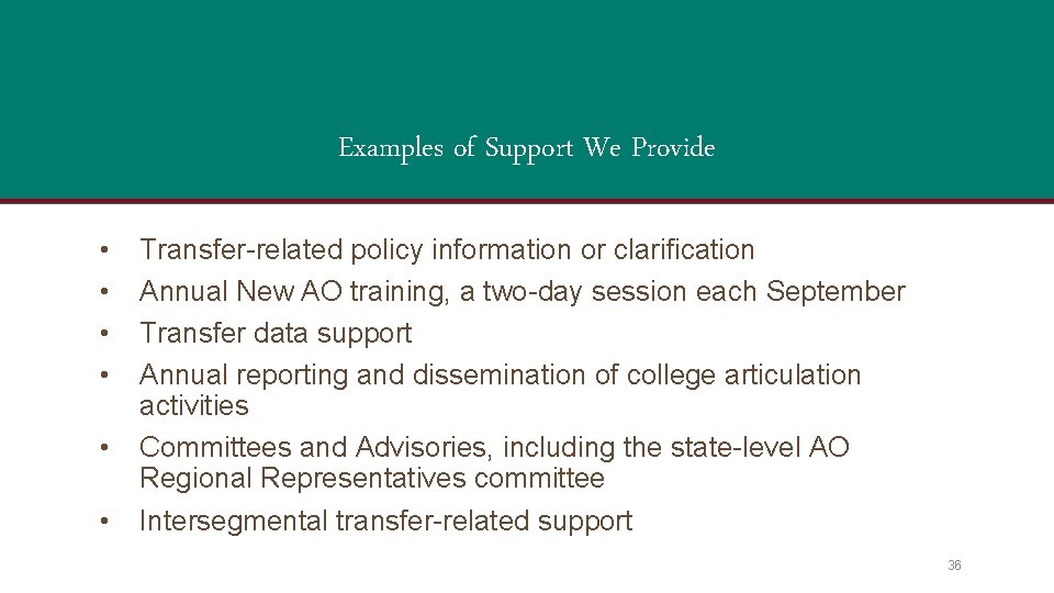 Examples of Support We Provide • • • Transfer-related policy information or clarification Annual