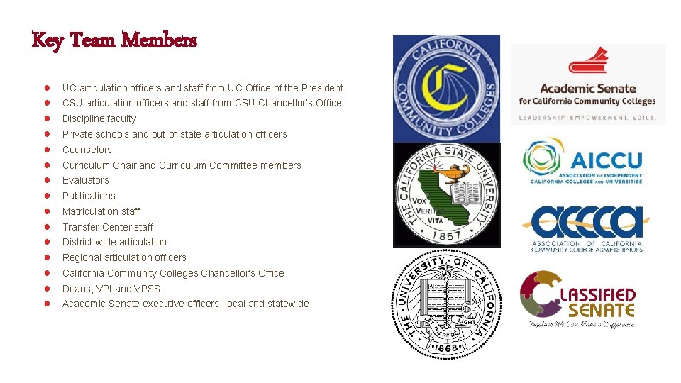 Key Team Members ● ● ● ● UC articulation officers and staff from UC