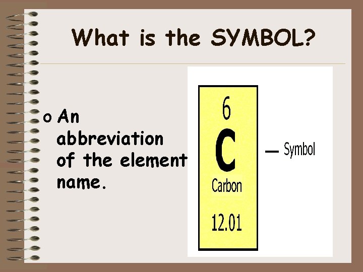 What is the SYMBOL? o An abbreviation of the element name. 