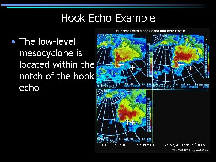 Hook Echo Example • The low-level mesocyclone is located within the notch of the