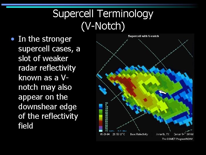 Supercell Terminology (V-Notch) • In the stronger supercell cases, a slot of weaker radar
