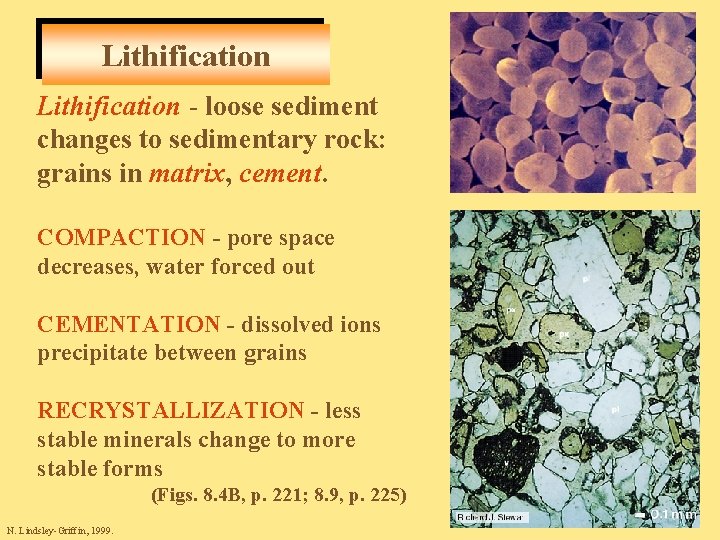 Lithification - loose sediment changes to sedimentary rock: grains in matrix, cement. COMPACTION -