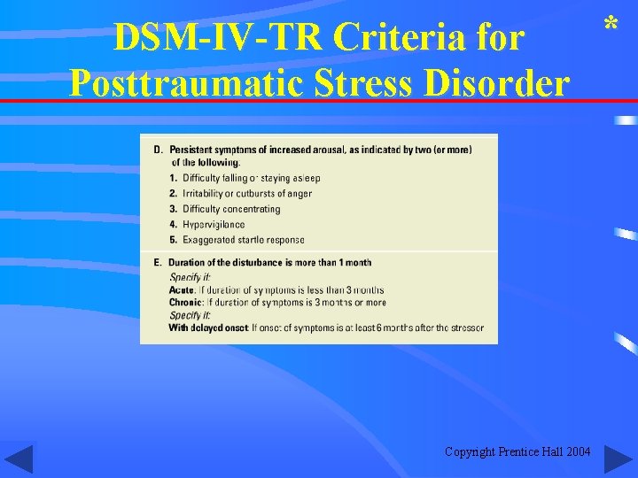 * DSM-IV-TR Criteria for Posttraumatic Stress Disorder Copyright Prentice Hall 2004 