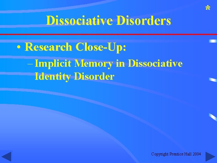 Dissociative Disorders • Research Close-Up: – Implicit Memory in Dissociative Identity Disorder Copyright Prentice