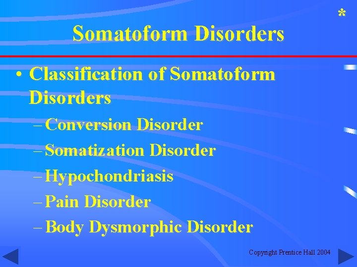 Somatoform Disorders • Classification of Somatoform Disorders – Conversion Disorder – Somatization Disorder –