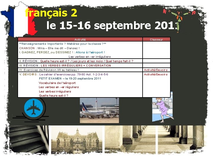français 2 le 15 -16 septembre 2011 Activité **Renseignements Importants ? Matières pour la français 2 le 15 -16 septembre 2011 Activité **Renseignements Importants ? Matières pour la